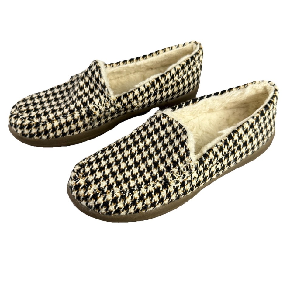 Vionic Lynez Slipper Womens Size 8 Cream Black Supportive Houndstooth Faux Fur